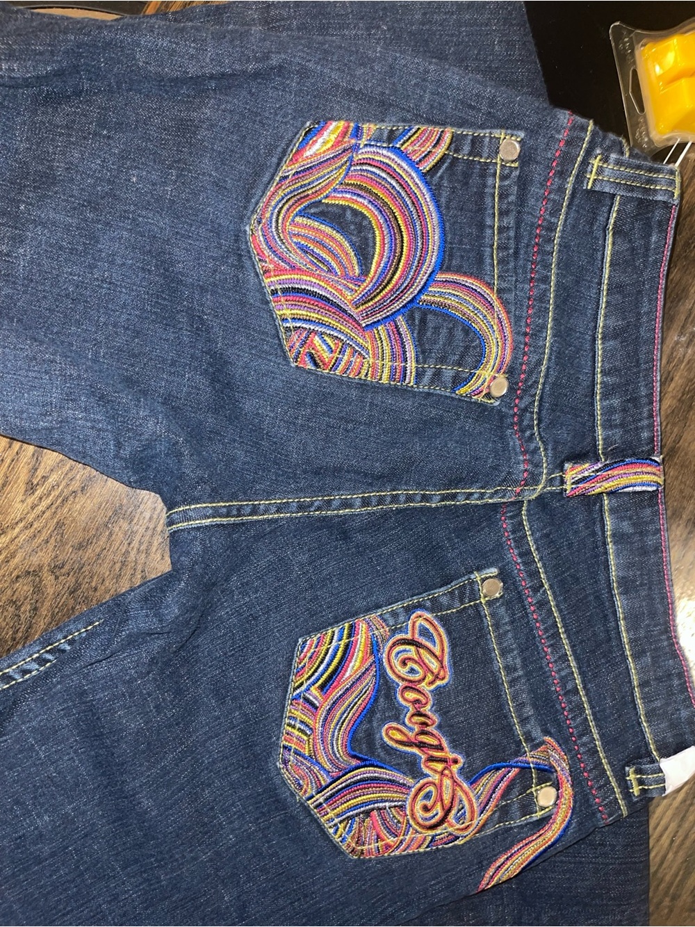 COOGI Dark Blue Boot Cut Jeans with Multicolor Embroidered Pockets